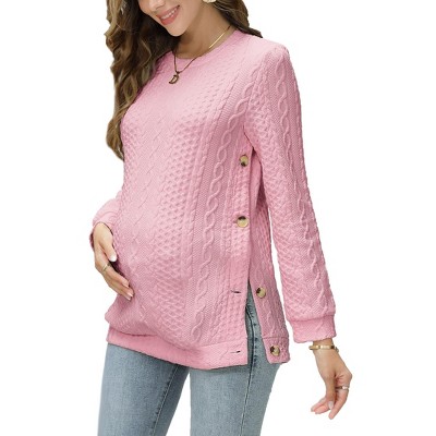 Coolmee Women's Maternity Cable Knit Tops Long Sleeve Split Side Crewneck Pregnancy Nursing Pullover Sweatshirt