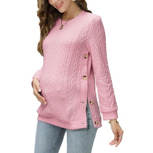 Coolmee Women's Maternity Cable Knit Tops Long Sleeve Split Side Crewneck Pregnancy Nursing Pullover Sweatshirt - 1 of 4