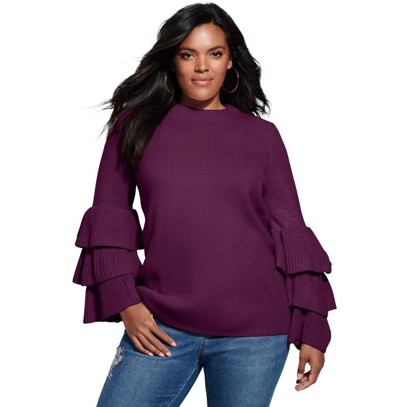 Roaman's Women's Plus Size Tiered-Sleeve Sweater, 1 of 2
