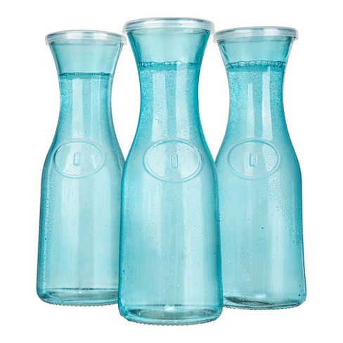 Kook Glass Carafe Pitchers, Beverage Dispensers, Set of 3, 35 Oz, Blue
