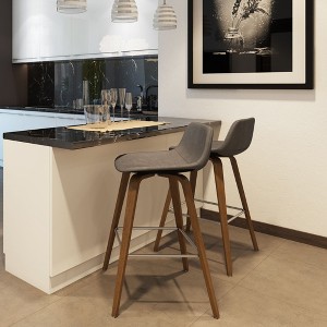 CAVINAS Linen/Faux Leather Counter Height Bar Stools Set of 2,Bent Wood Counter Stools with Chrome Footrest,Armless Barstools for Kitchen Island - 1 of 4