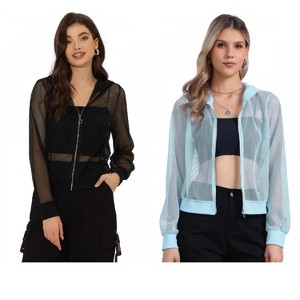 INSPIRE CHIC Women's Zip Up Long Sleeve Mesh Sheer Hoodie Bomber Jackets 2 Packs - 1 of 4