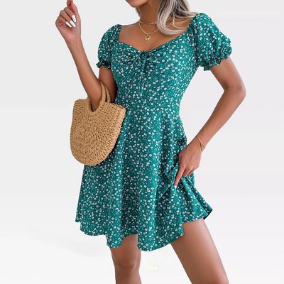 Womens Floral Ruffle Dress Short Sleeve Front Tie Summer Dress Sweetheart Neck Smock Dress Empire Waist Ruffle Sleeve Midi Skater Dress