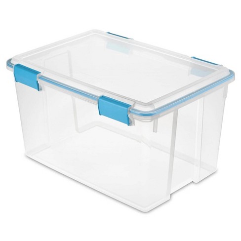 Sterilite 54 Qt Gasket Box, Stackable Storage Bin with Latching Lid and  Tight Seal, Plastic Container to Organize Basement, Clear Base and Lid,  4-Pack