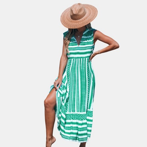 Women's Green Mixed Stripe Split Neck Sleeveless Maxi Dress - Cupshe-L-Green