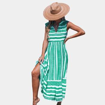 Women's Green Mixed Stripe Split Neck Sleeveless Maxi Dress - Cupshe