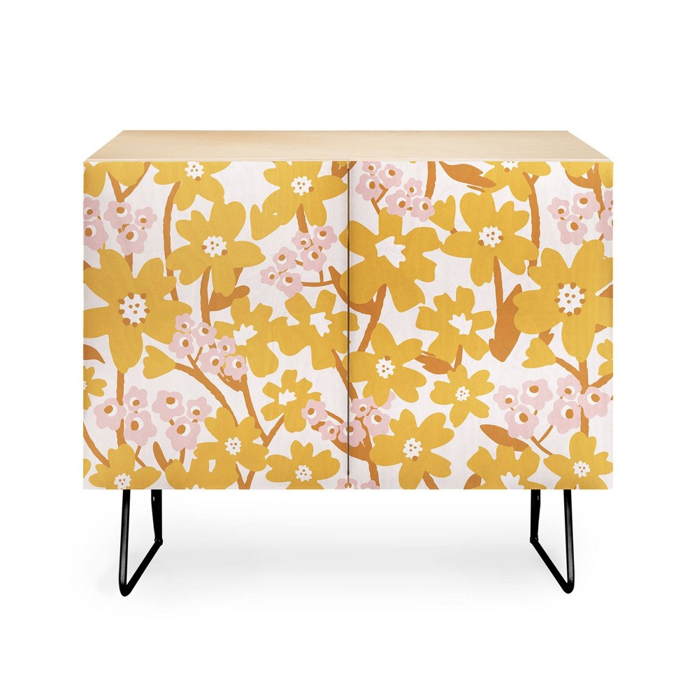 ThirtyOne Illustrations Wildflowers in Turmeric Credenza Birch/Yellow/Black - Deny Designs: Scandinavian Style, Adjustable Shelves
