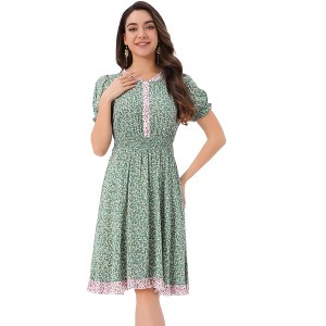 Allegra K Women's Floral Ruffle Neck Smocked Waist Short Sleeve Sundress - 1 of 4