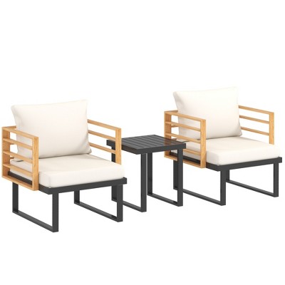 Outsunny 3 Pieces Outdoor Bistro Set, Metal Patio Furniture with Cushions, Armchairs and Slatted Table, Small Patio Set for Balcony, Porch, Beige