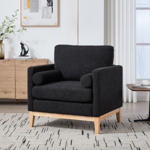 Modern Boucle Upholstered Accent Chair with Natural Wood Base and Removable Cushions,Wooden Single Reading Armchair-Cuddlewood - 1 of 4