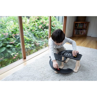 Black and Natural Multi-Level Wooden Parking Garage Playset