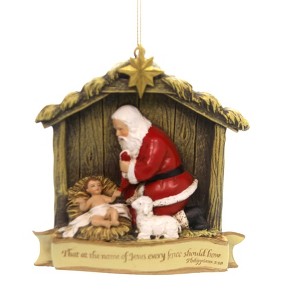 Roman 3.75 In Kneeling Santa Scene Ornament Manger Lamb Baby Jesus Tree Ornaments - 1 of 2