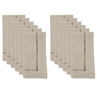 Natural Poly Linen Blend Hemstitched Dinner Napkins Set of 12