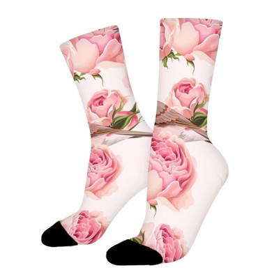 Pink Floral Birds Women Printed Crew Socks Funny Funky Socks Soft Polyester Novelty Gifts for Artists Men