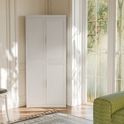 Spassway White 2-Piece Tall Wood Storage Cabinet Modular Pantry Cabinet with 4 Adjustable Shelves 4 Doors Freestanding Organizer for Living Room