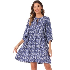 INSPIRE CHIC Women's Floral V Neck 3/4 Sleeve Casual Mini Flare Dress - 1 of 4