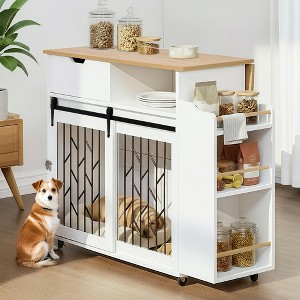 HTUTWOO Dog Crate Furniture, Double Doors Wooden Kennel End Table with Side Storage Shelf and Lockable Wheels for Small-Sized Dogs up tp 40lb - 1 of 4