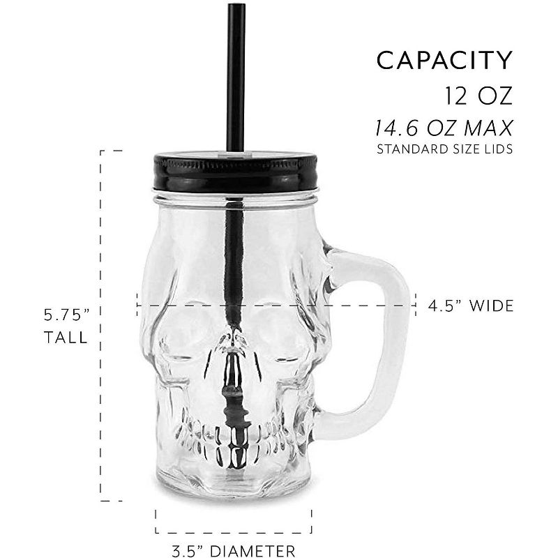 Darware Skull Mason Jar Mugs, 4pc Set; Clear 12oz Glasses w/ Reusable Straws, 3 of 9