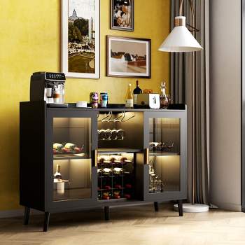 35.4"H LED Wine Bar Cabinet, Buffet Sideboard with 9 Wine Bottle Racks,6 open compartments, and Adjustable Lighting Effects, Black, 4A -ModernLuxe