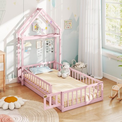Safstar Twin Size House Floor Bed w/House-shaped Headboard Clothes Hanger without Slats