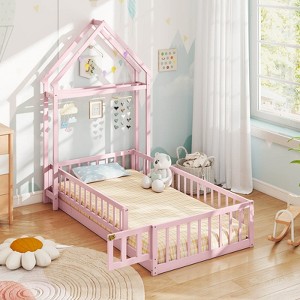 Safstar Twin Size House Floor Bed w/House-shaped Headboard Clothes Hanger without Slats - 1 of 4