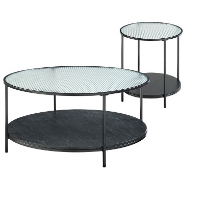 Vynxaria Series 20 in. Black Round Glass End Table with Fluted Glass Top and Metal Frame