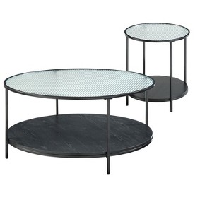 Vynxaria Series 20 in. Black Round Glass End Table with Fluted Glass Top and Metal Frame - 1 of 4