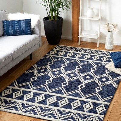 Ivory and Navy Tufted Wool Abstract Square Rug