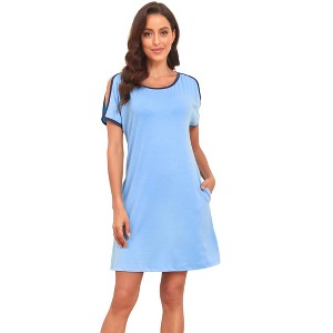 Clearlove Womens Nightdress Colorblocked Off-Shoulder Short Sleeves Midi Nightdress Casual Comfy Nightgown - 1 of 4