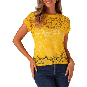 Allegra K Women's Curved Hem Sheer Short Sleeves Floral Lace Blouse - 1 of 4