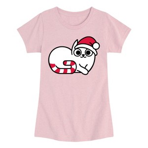 Girls' - Instant Message - Candy Cane Kitten Fitted Short Sleeve Graphic T-Shirt - 1 of 4