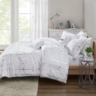 Intelligent Design Twin/Twin XL 4pc Arielle Metallic Printed Comforter Set White/Silver: Hypoallergenic Geometric Bedding, Microfiber, Contemporary — фото 3