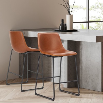 FURNIinspire Counter And Bar Stools Armless Faux Leather Barstools With Metal Legs And Footrest, Dining Chairs For Kitchen, Brown, 18.9"*18.7"*36.2"
