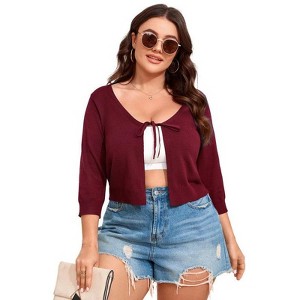 Coolmee Women's Plus Size Bolero Shrug Cropped Cardigan Tie Front Rib Knit Cardigan Sweater - 1 of 4