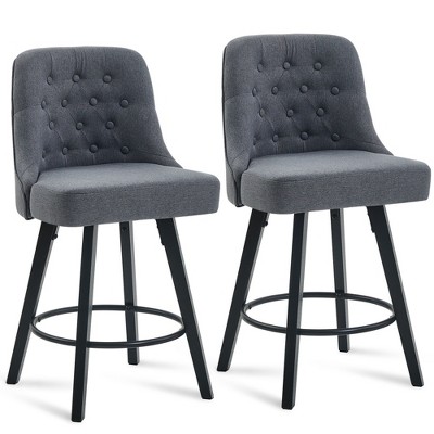 Zeus & Ruta Set of 2 Mid-Century 26" 360°Swivel Counter Stools with Linen Seats and Wood Legs