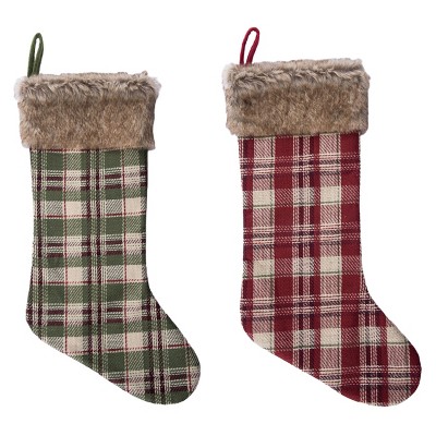 Transpac Fabric Green & Red Plaid Stocking w/Faux Set of 2 Christmas Home Decorations