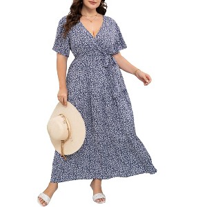 BLUEMING Summer Maxi Dress for Plus Size Women Tie Wasit Surplice Dress Flutter Sleeve A-Line Dress - 1 of 4