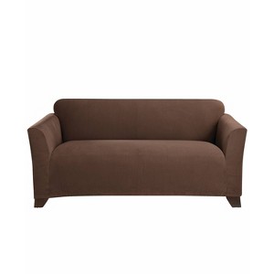 Stretch Morgan Loveseat Slipcover Chocolate - Sure Fit: Polyester & Spandex, Machine Washable, Indoor Use - 1 of 3