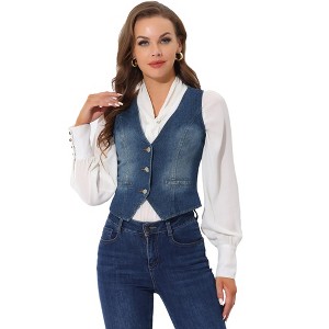 INSPIRE CHIC Women's Denim Sleeveless V Neck Button Down Casual Waistcoat Vest - 1 of 4