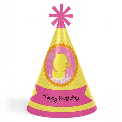 Big Dot of Happiness Pink Ducky Duck - Cone Happy Birthday Party Hats for Kids and Adults - Set of 8 (Standard Size)