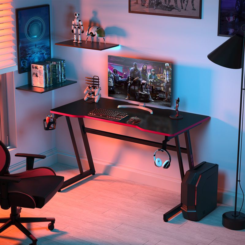 Tangkula Z-Shaped Ergonomic Gaming Desk with Headphone Hook Computer&Office Desk Blue/Red, 2 of 11