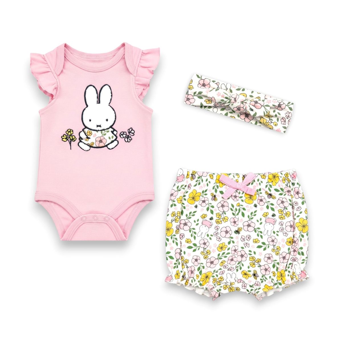 Miffy Baby Girls' 3-Piece Outfit Bodysuit, Bloomer Shorts & Headband Sets