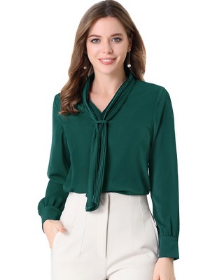 INSPIRE CHIC Women's Long Sleeve Pleated Tie Neck Office Blouses