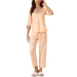 cheibear Women's Satin Half Sleeve Lace Trim Top with Long Pants 2 Piece Sleepwear Sets - 1 of 4