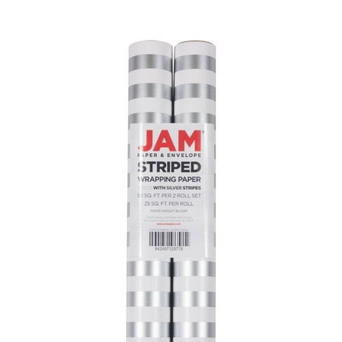 JAM Paper Silver & White Stripe Wrapping Paper, All Occasion, 25 Sq. ft,  1/Pack 