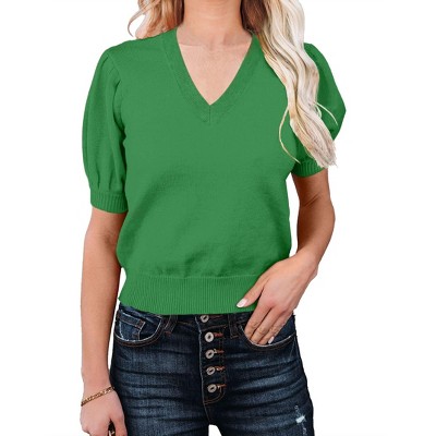 Womens V Neck Sweater Tops Lightweight Soft Sweater Knit Shirts Ribbe Cuff Short Lantren Sleeve Sweater