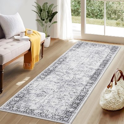 Washable Runner Rug, Non-Slip, Vintage Floor Carpet, Low Pile, Distressed Pearl Velvet, Foldable, Soft, Bathroom, Laundry, Entryway