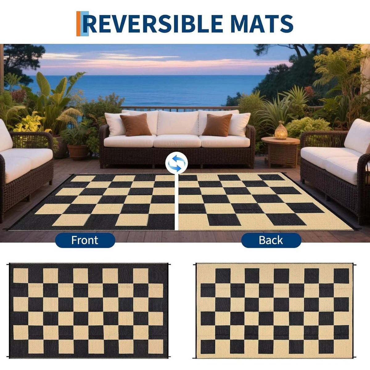 Garvee Outdoor Rug Checkerboard Geometric Plaid Pattern, Waterproof Plastic Straw Rug, UV Resistant Foldable Outdoor Rug for Picnic, Backyard, Deck - thumbnail 7
