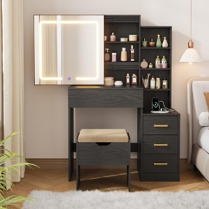 Modern Makeup Vanity with Sliding Mirror, 4 Drawers, 7 Shelves, 3 Light Colors, Charging Port & Stool for Bedroom - 1 of 4