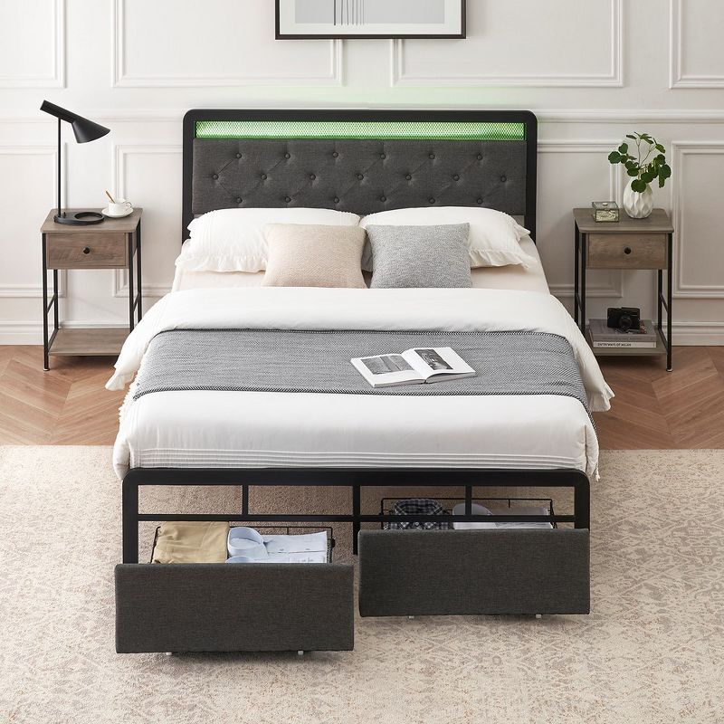 Whizmax LED Bed Frame with 2 Storage Drawers, Upholstered Platform Bed with Storage, Dark Grey, 2 of 9